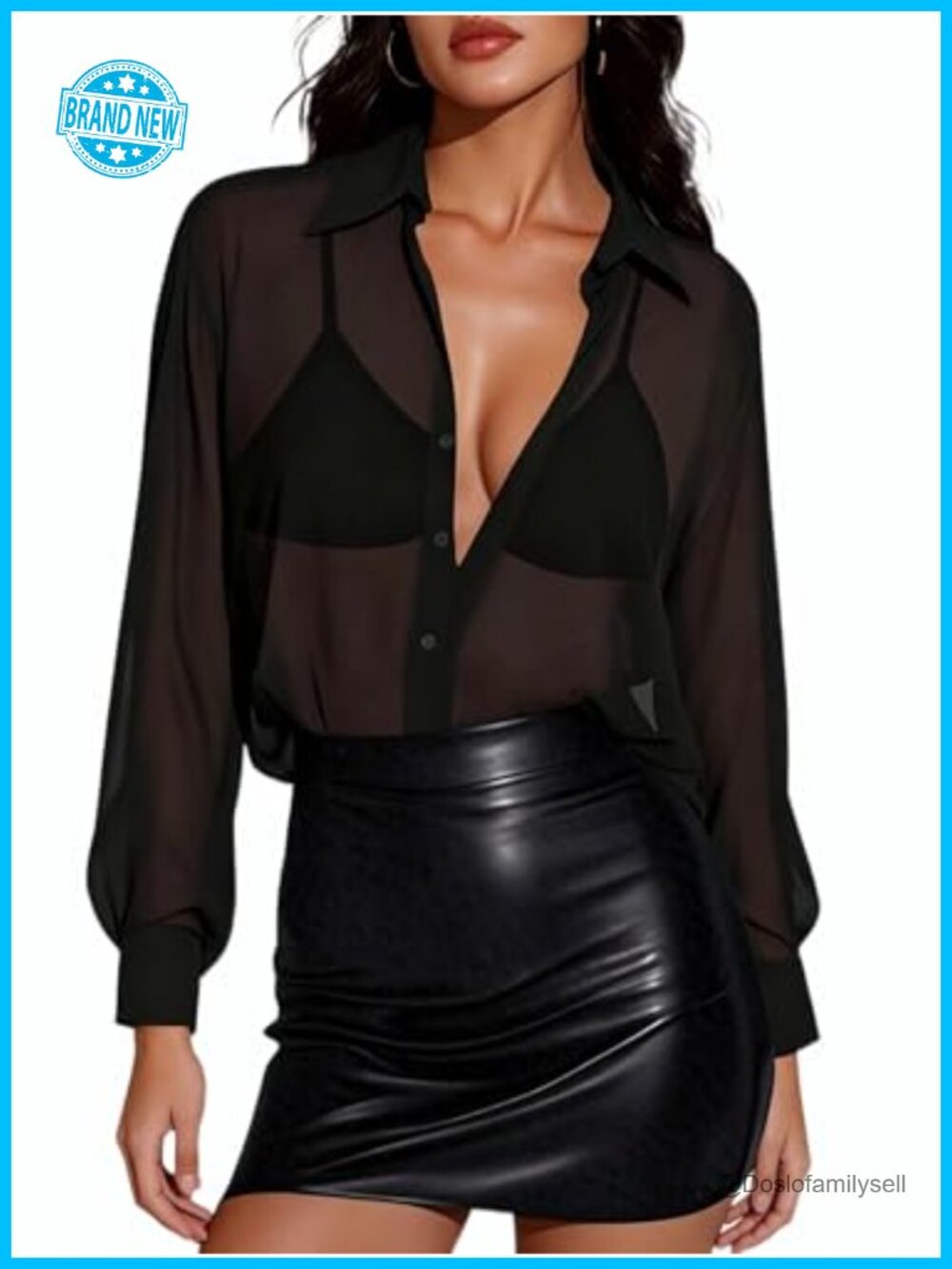 Prettywear Women Sheer Chiffon Long Sleeve See Through Button Down Blouse